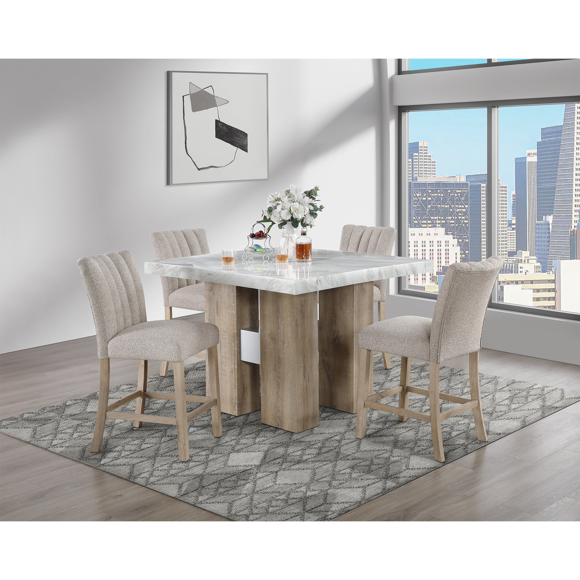 MIKHA NATURAL BAR TABLE AND BEIGE BAR STOOLS