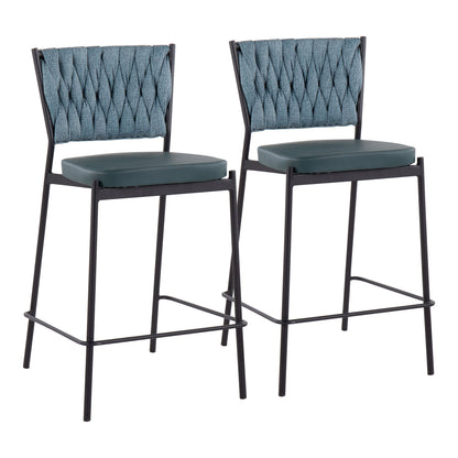 Contemporary Counter Stool in Black Metal, Green Faux Leather, and Sea Green Fabric  - Set of 2