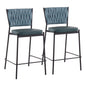Contemporary Counter Stool in Black Metal, Green Faux Leather, and Sea Green Fabric  - Set of 2