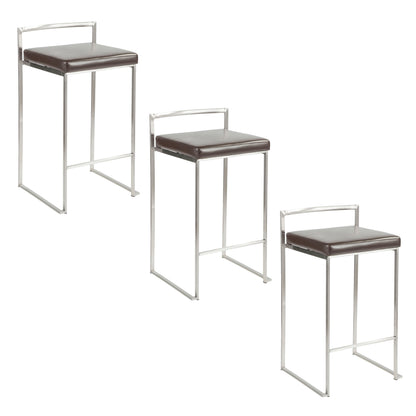 26" Contemporary Stackable Counter Stool in Brushed Stainless Steel with Brown Faux Leather  - Set of 3