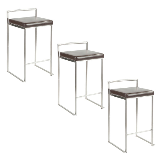 26" Contemporary Stackable Counter Stool in Brushed Stainless Steel with Brown Faux Leather  - Set of 3