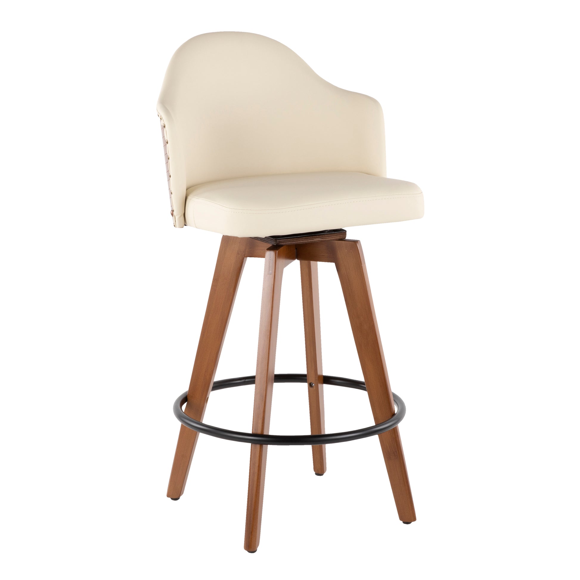 Mid-Century Counter Stool in Walnut and Cream Faux Leather