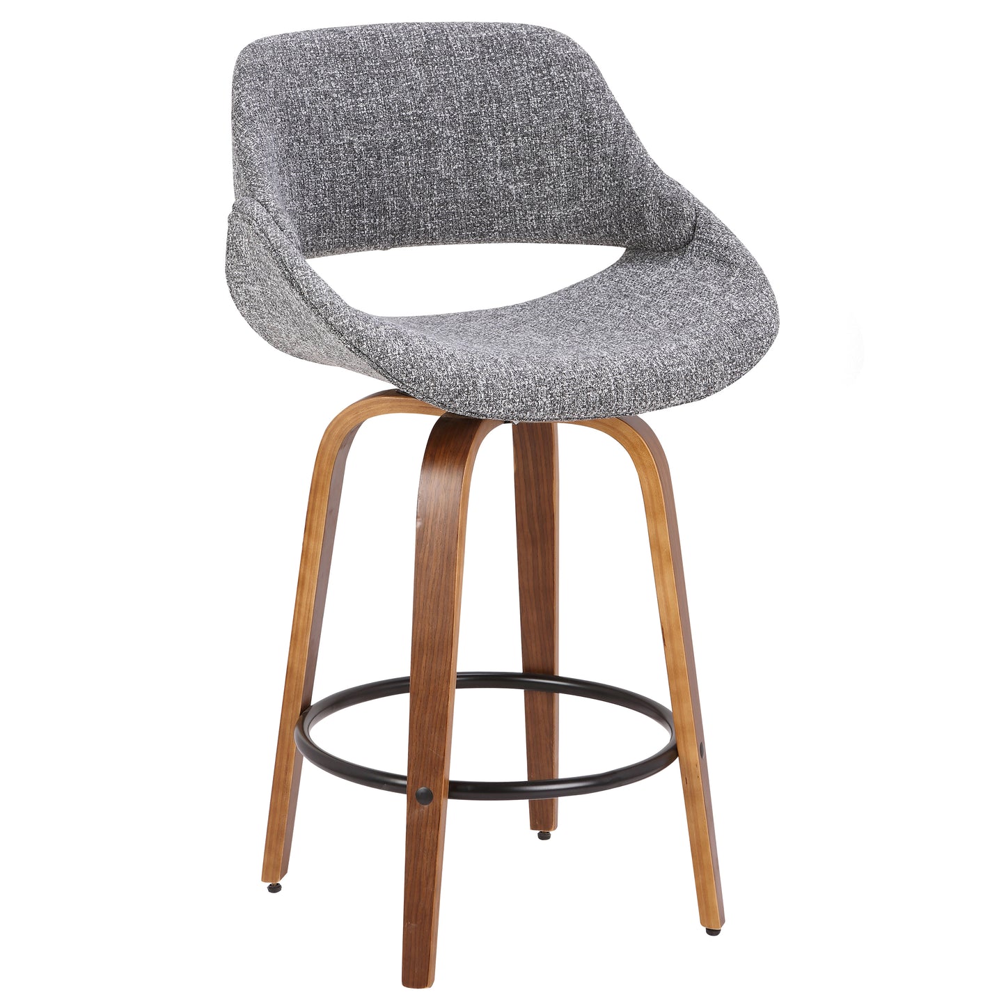 Mid-Century Modern Counter Stool in Walnut and Grey Noise Fabric