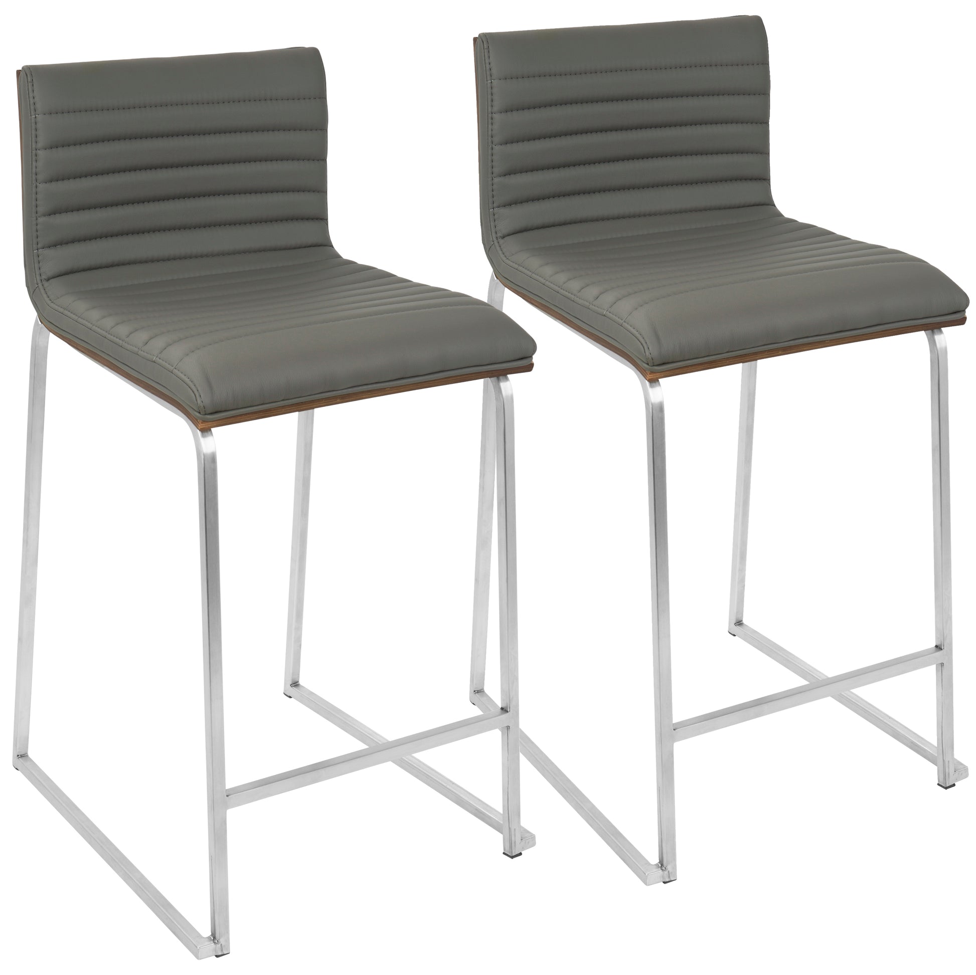 26" Contemporary Counter Stool in Brushed Stainless Steel, Walnut Wood, and Grey Faux Leather  - Set of 2