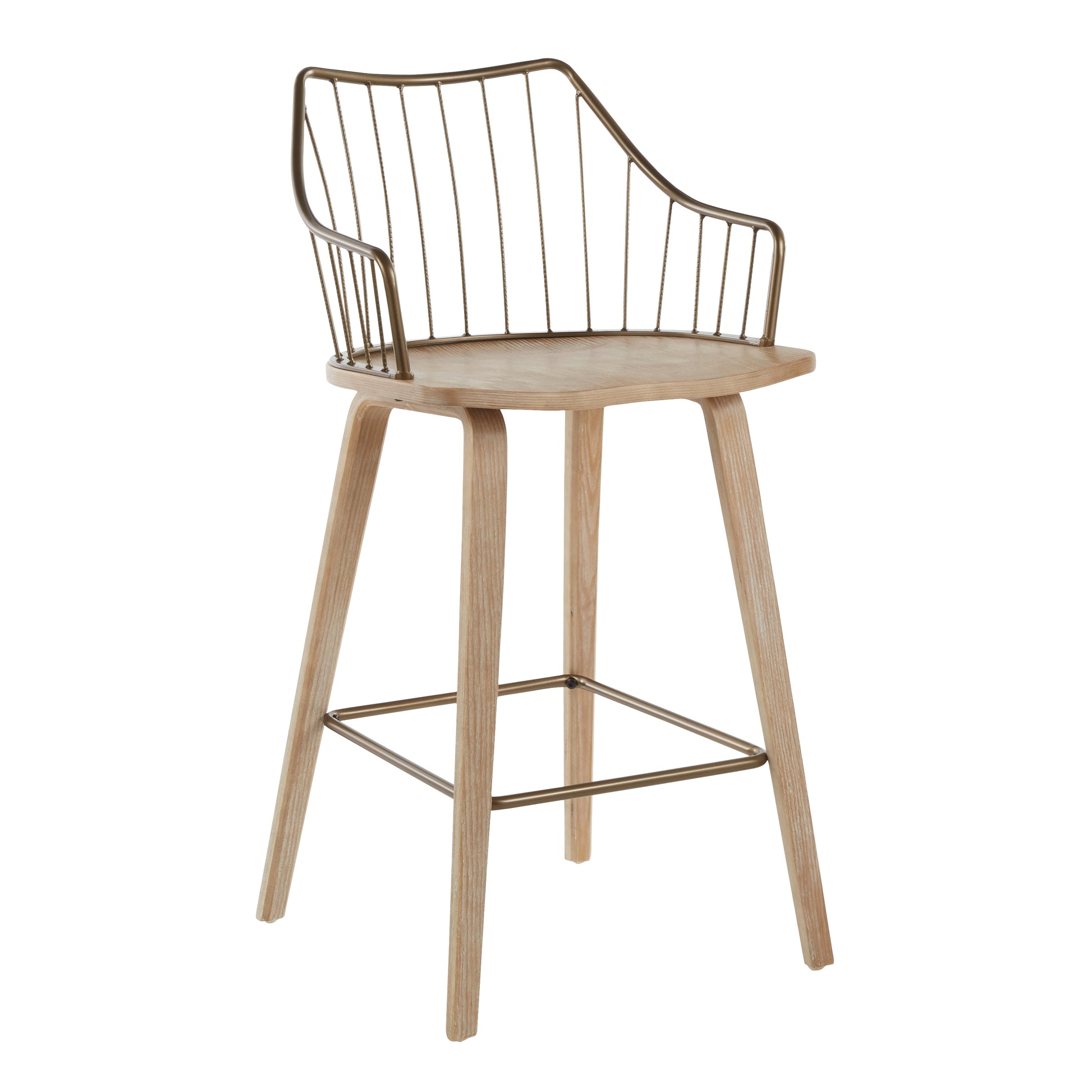 Counter Stool in White Washed Wood and Antique Copper Metal