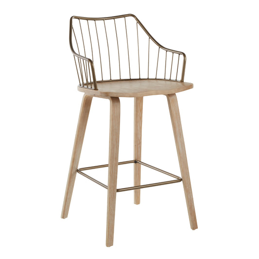Counter Stool in White Washed Wood and Antique Copper Metal