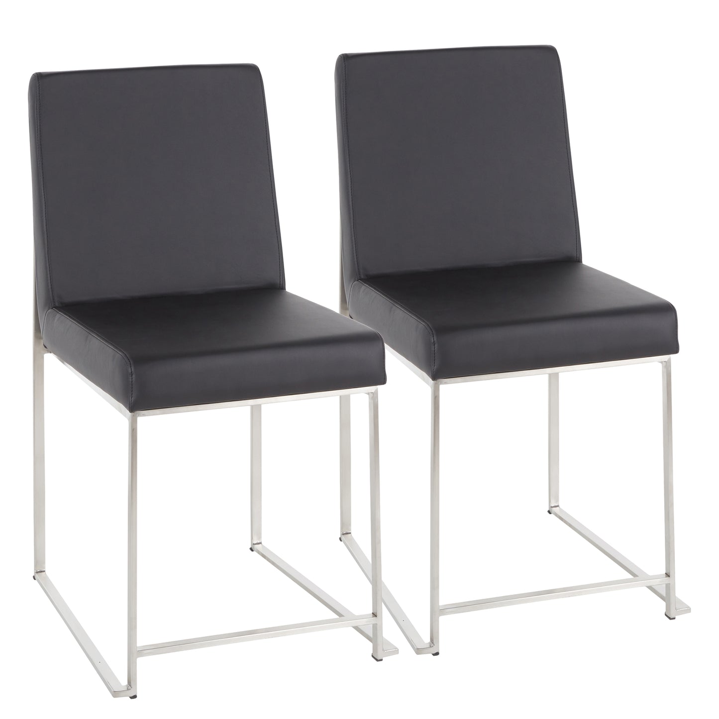 High Back  Contemporary Dining Chair in Stainless Steel and Black Faux Leather  - Set of 2