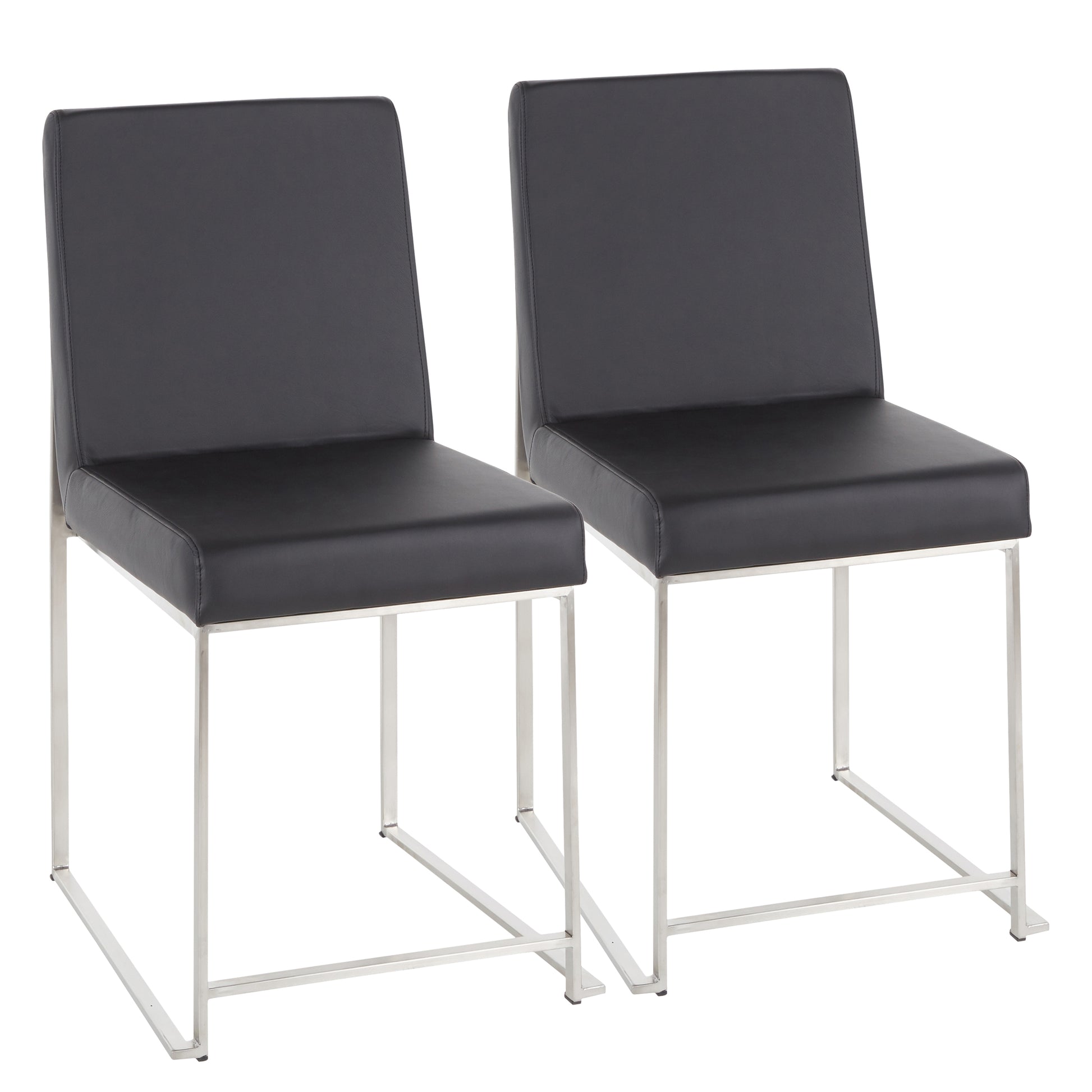 High Back  Contemporary Dining Chair in Stainless Steel and Black Faux Leather  - Set of 2