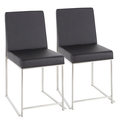 High Back  Contemporary Dining Chair in Stainless Steel and Black Faux Leather  - Set of 2