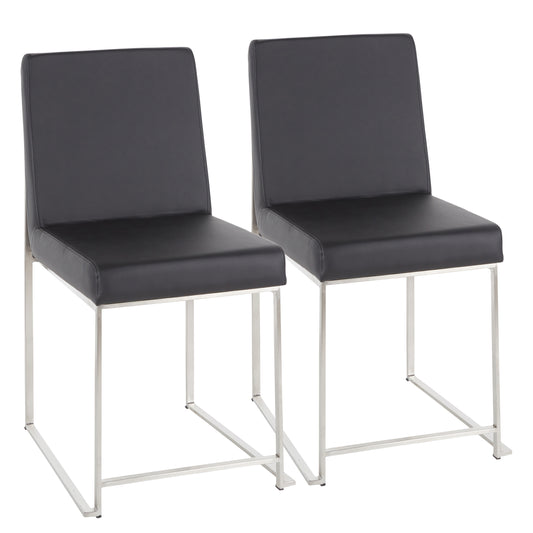 High Back  Contemporary Dining Chair in Stainless Steel and Black Faux Leather  - Set of 2