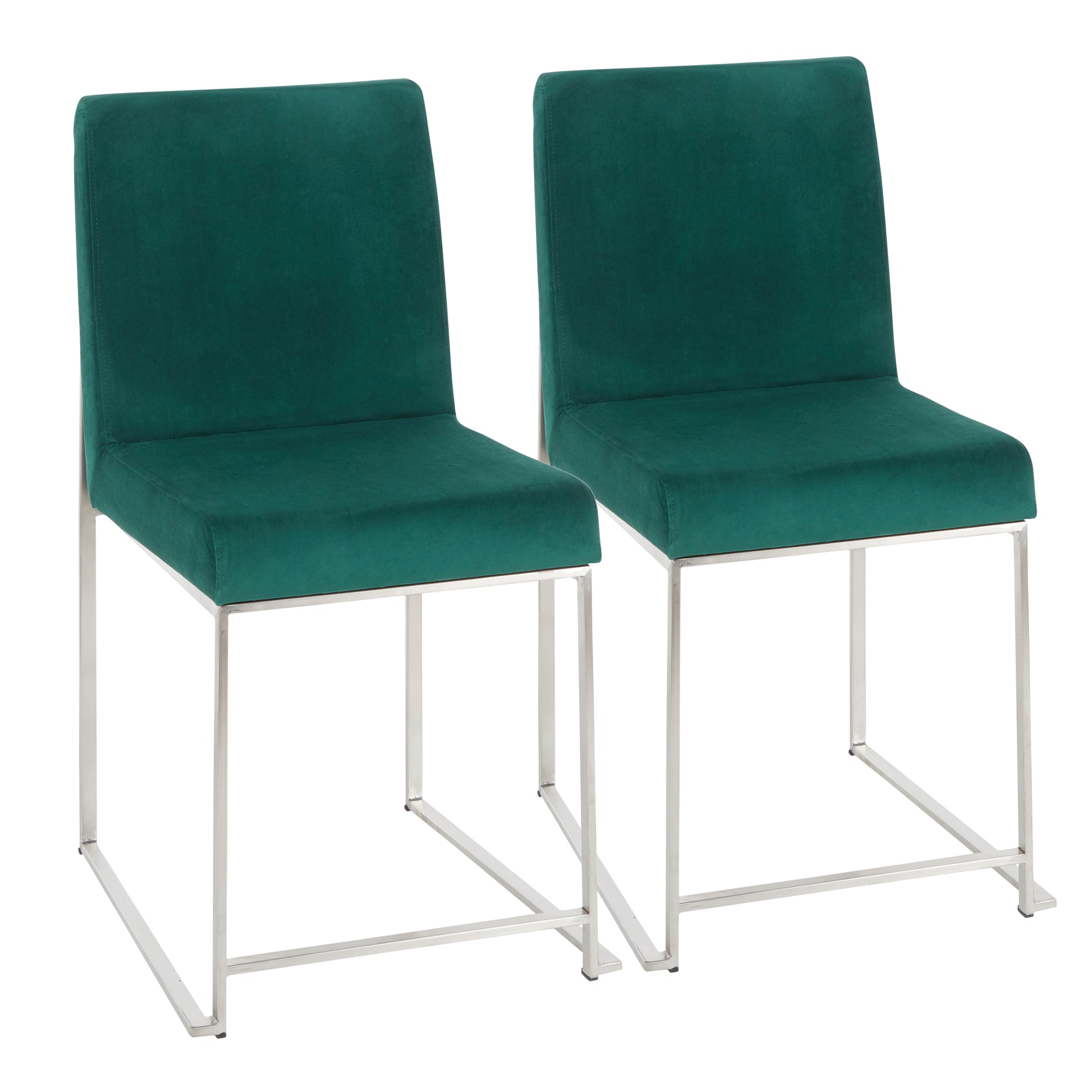 High Back  Contemporary Dining Chair in Stainless Steel and Green Velvet  - Set of 2