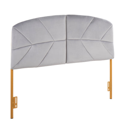 Contemporary Queen Headboard in Gold Steel and Grey Velvet