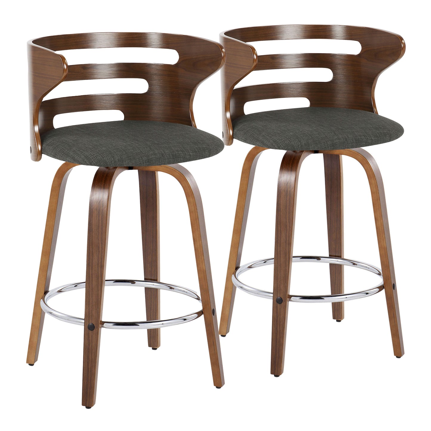 Fixed-Height Counter Stool with Swivel in Walnut Wood and Charcoal Fabric with Round Chrome Metal Footrest - Set of 2