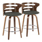 Fixed-Height Counter Stool with Swivel in Walnut Wood and Charcoal Fabric with Round Chrome Metal Footrest - Set of 2