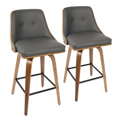26" Mid-Century Modern Counter Stool in Walnut with Grey Faux Leather  - Set of 2
