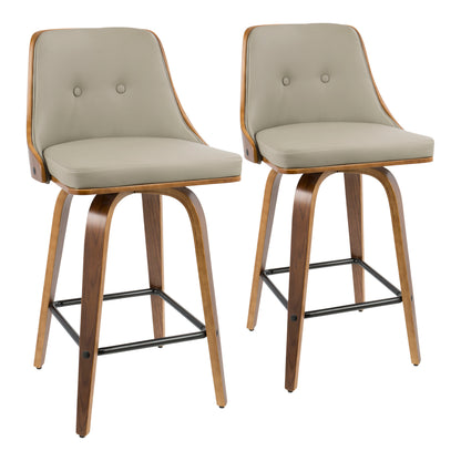 26" Mid-Century Modern Counter Stool in Walnut with Light Grey Faux Leather  - Set of 2