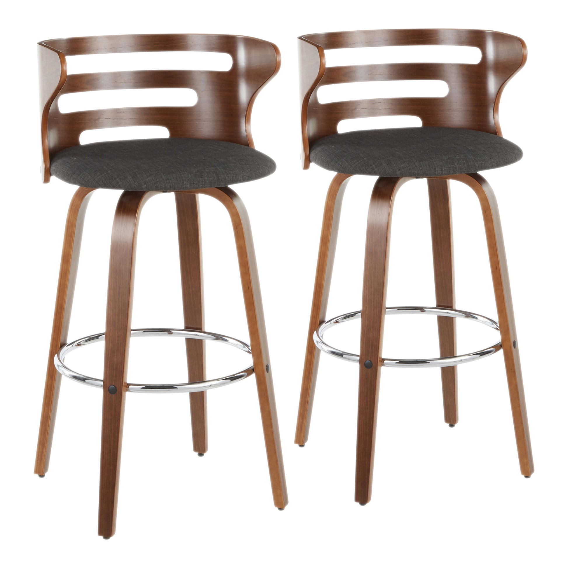 Mid-Century Modern Barstool with Swivel in Walnut and Charcoal Fabric  - Set of 2