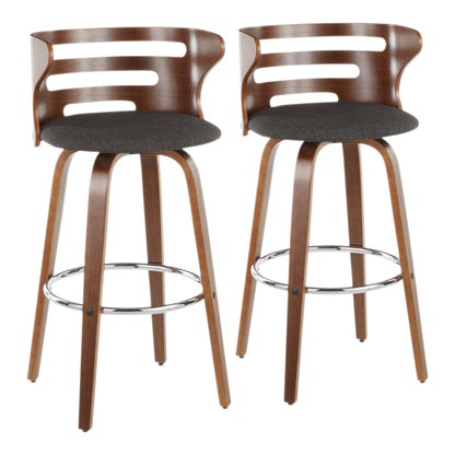 Mid-Century Modern Barstool with Swivel in Walnut and Charcoal Fabric  - Set of 2