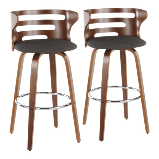 Mid-Century Modern Barstool with Swivel in Walnut and Charcoal Fabric  - Set of 2