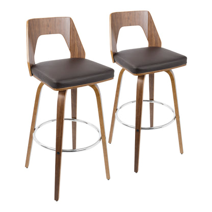 Mid-Century Modern Barstool in Walnut and Brown Faux Leather  - Set of 2