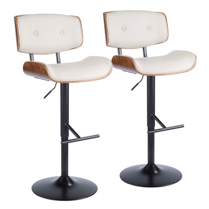 Mid-Century Modern Adjustable Barstool with Swivel in Walnut with Cream Faux Leather  - Set of 2