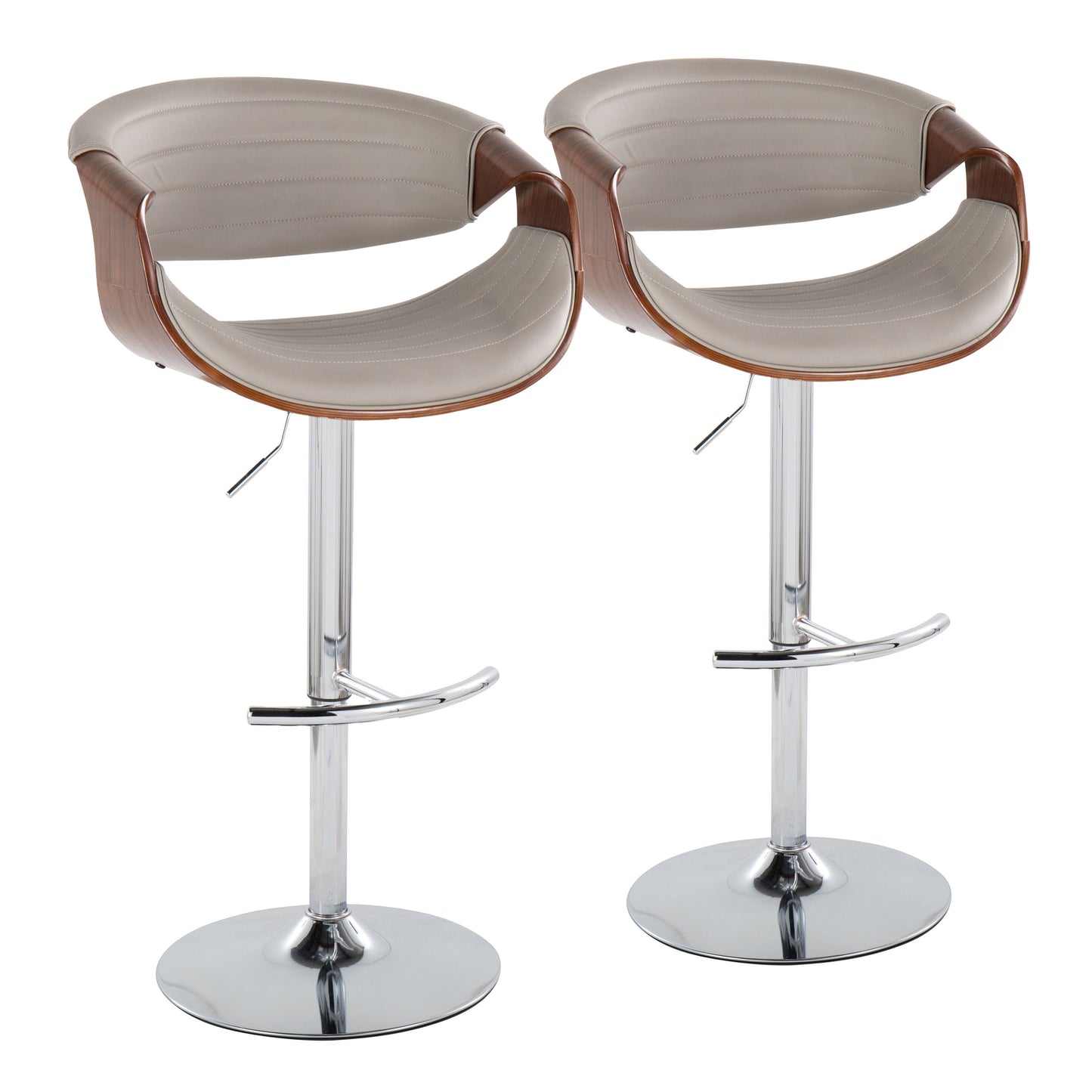 Mid-Century Modern Adjustable Barstool with Swivel in Chrome Metal, Walnut Wood and Grey Faux Leather with Rounded T Footrest  - Set of 2