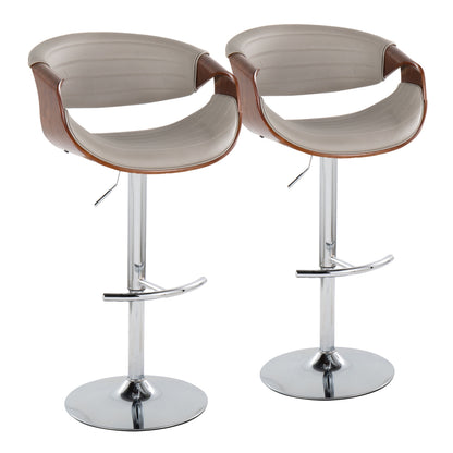 Mid-Century Modern Adjustable Barstool with Swivel in Chrome Metal, Walnut Wood and Grey Faux Leather with Rounded T Footrest  - Set of 2