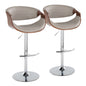 Mid-Century Modern Adjustable Barstool with Swivel in Chrome Metal, Walnut Wood and Grey Faux Leather with Rounded T Footrest  - Set of 2