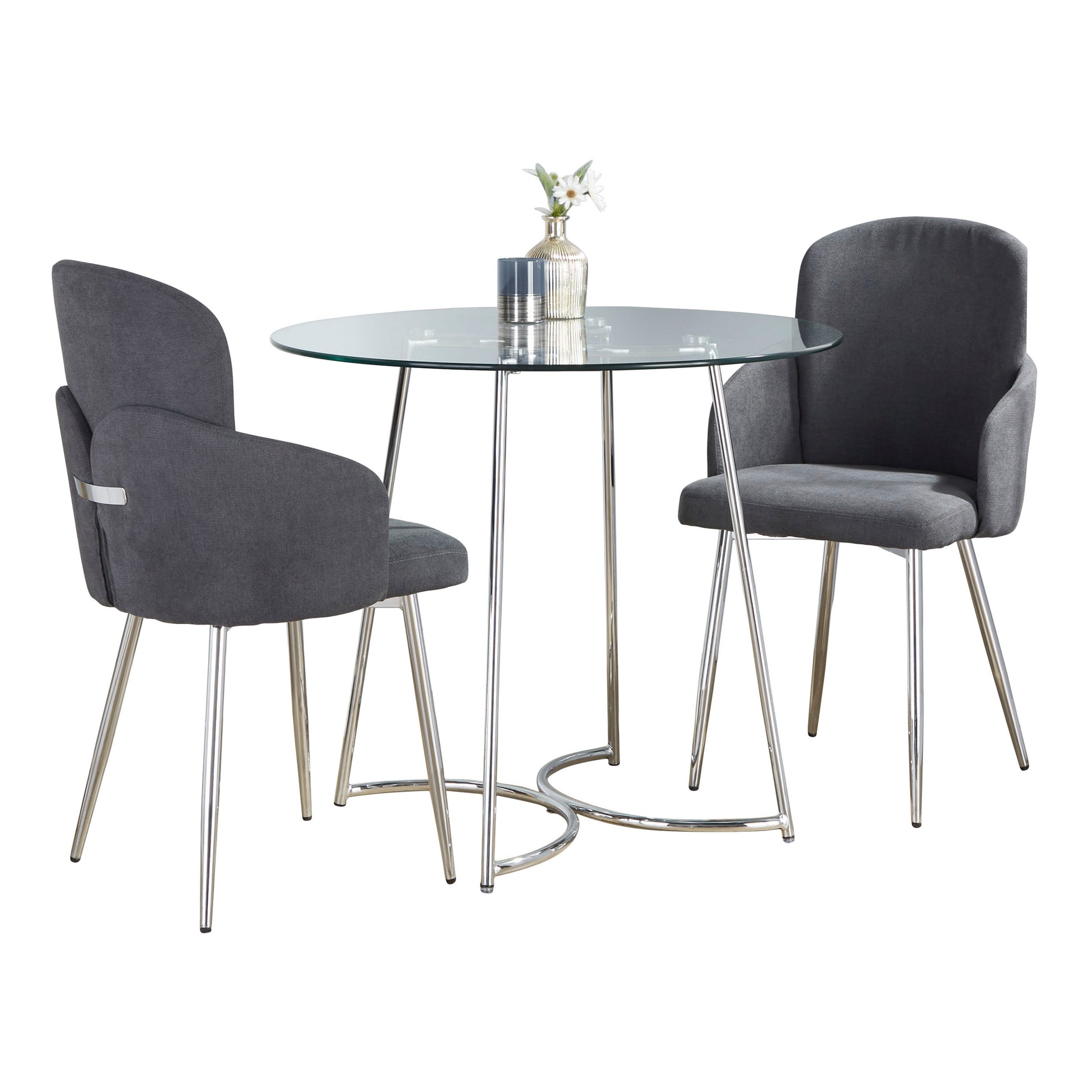 -Contemporary Dining Set in Chrome Metal, Clear Glass Tabletop and Grey Fabric  - 3 Piece
