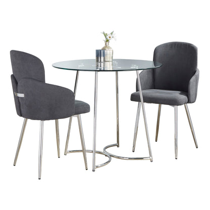 -Contemporary Dining Set in Chrome Metal, Clear Glass Tabletop and Grey Fabric  - 3 Piece