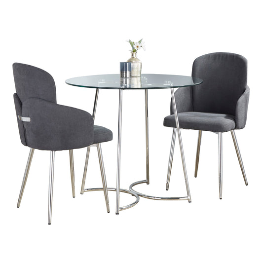 -Contemporary Dining Set in Chrome Metal, Clear Glass Tabletop and Grey Fabric  - 3 Piece