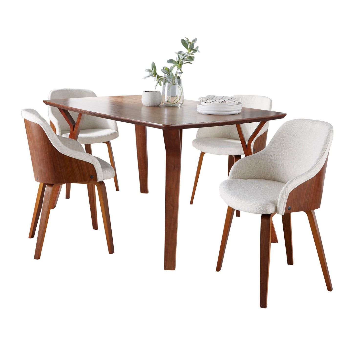 Folia-Bacci Mid-Century Modern Dining Set in Walnut Wood and Cream Fabric by  - 5 Piece