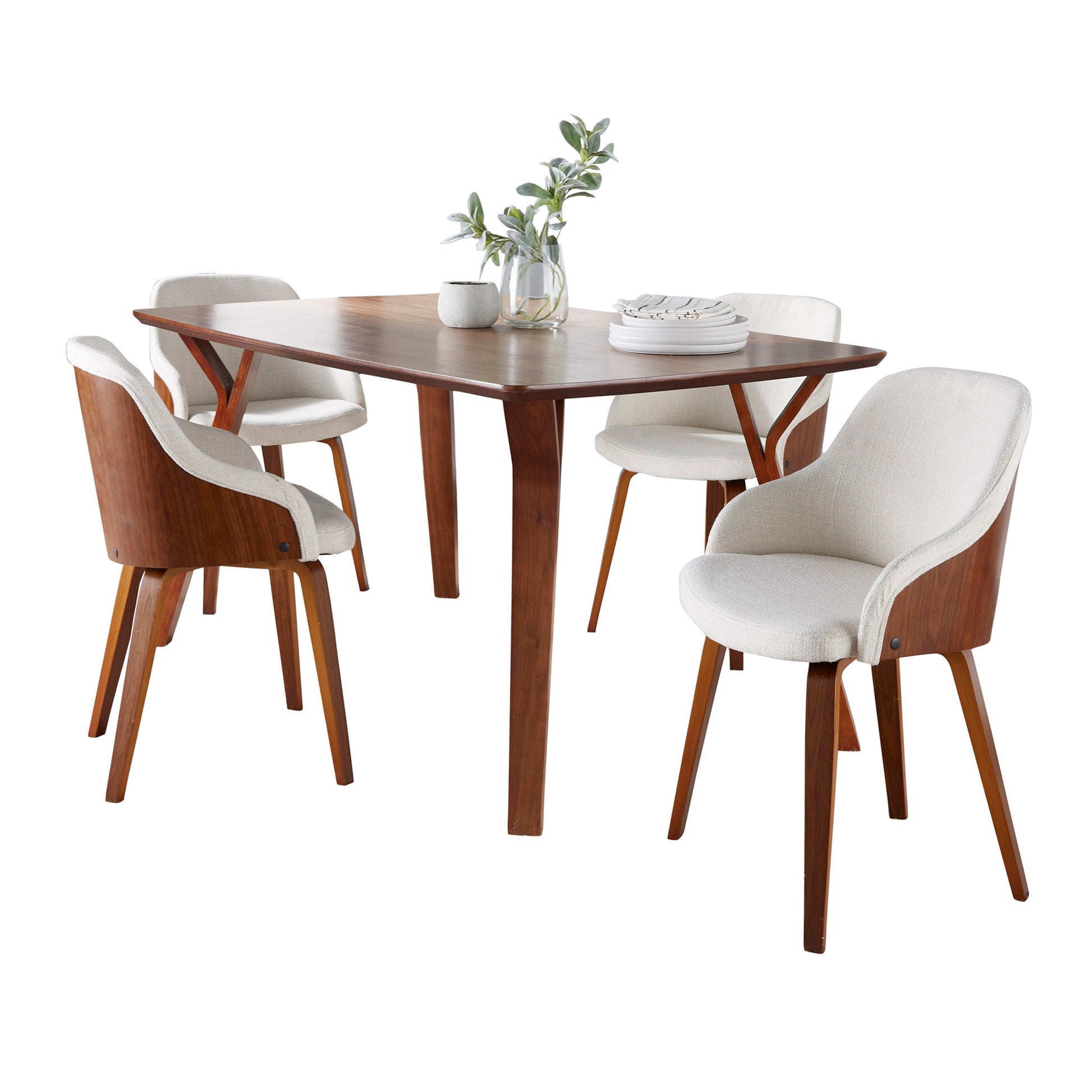 Folia-Bacci Mid-Century Modern Dining Set in Walnut Wood and Cream Fabric by  - 5 Piece