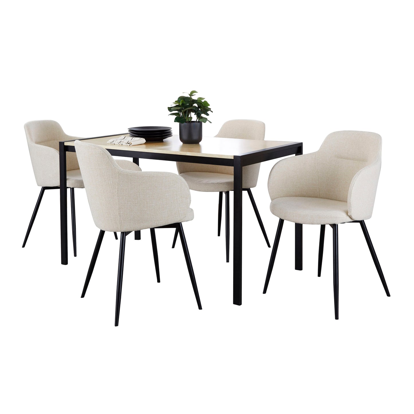 Contemporary Dining Set in Black Metal, Natural Wood and Cream Noise Fabric  - 5 Piece