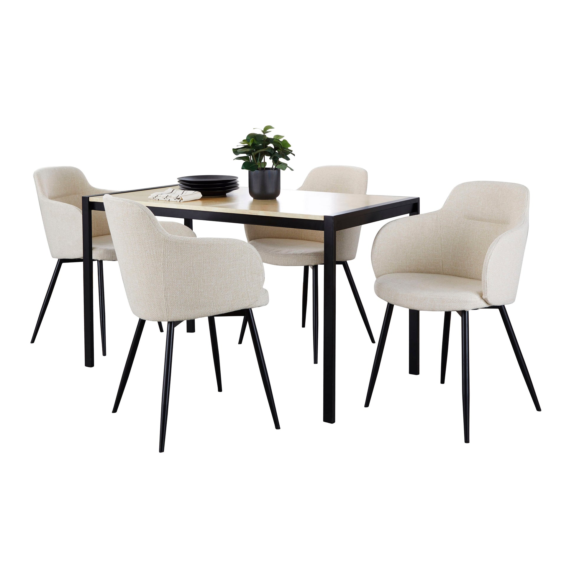 Contemporary Dining Set in Black Metal, Natural Wood and Cream Noise Fabric  - 5 Piece