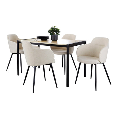 Contemporary Dining Set in Black Metal, Natural Wood and Cream Noise Fabric  - 5 Piece