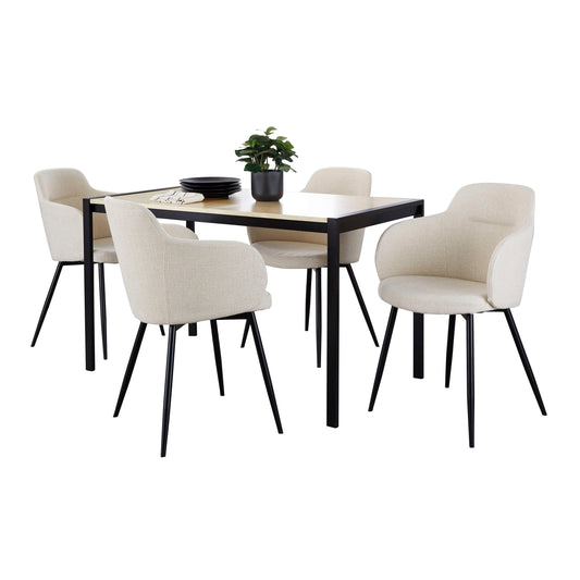 Contemporary Dining Set in Black Metal, Natural Wood and Cream Noise Fabric  - 5 Piece
