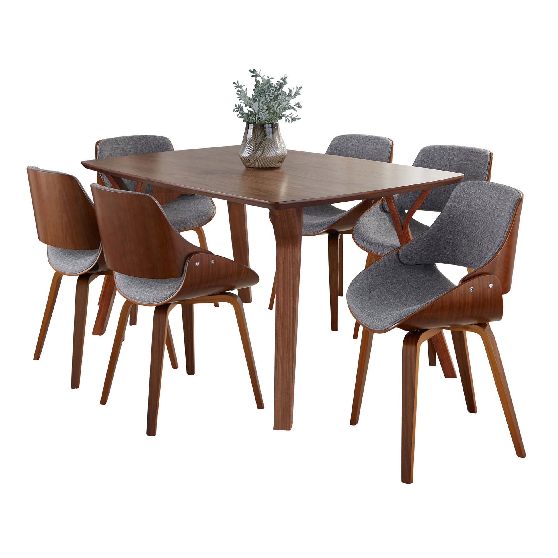 Folia Fabrizzi Mid-Century Modern Dining Set in Walnut Wood and Grey Fabric by  - 7 Piece