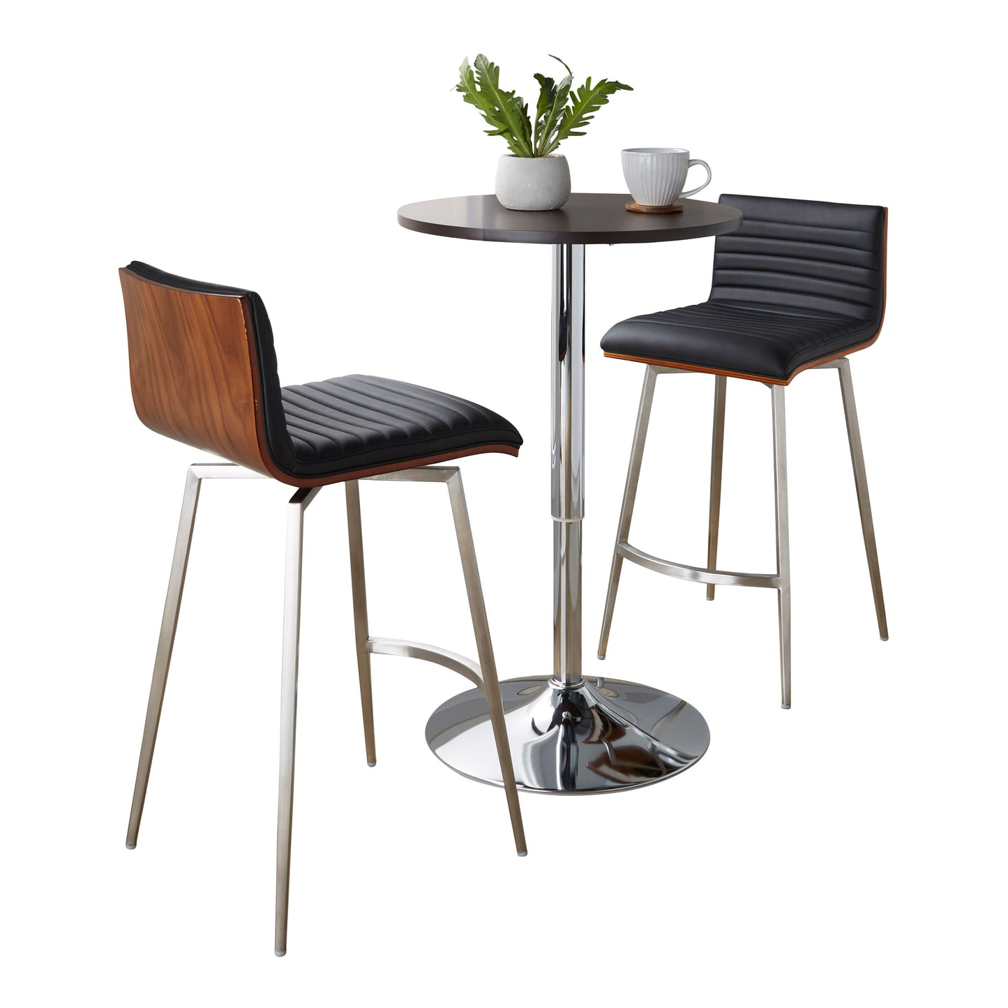 Swivel Mid-Century Modern Counter Height Dining Set with Adjustable Table in Chrome Metal, Brown Wood Tabletop, Stainless Steel and Black Faux Leather  - 3 Piece
