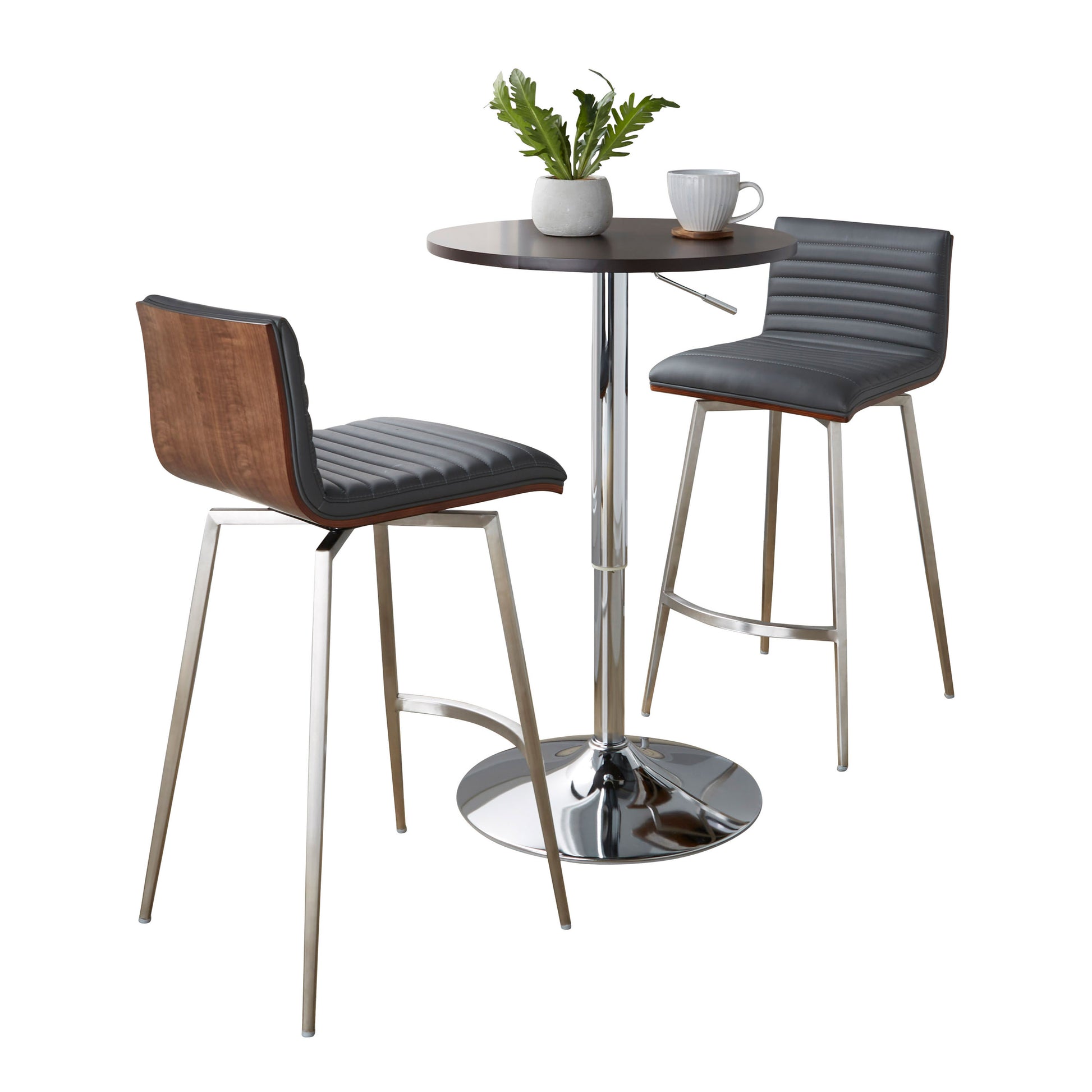 Swivel Mid-Century Modern Counter Height Dining Set with Adjustable Table in Chrome Metal, Brown Wood Tabletop, Stainless Steel and Grey Faux Leather  - 3 Piece