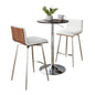 Swivel Mid-Century Modern Counter Height Dining Set with Adjustable Table in Chrome Metal, Brown Wood Tabletop, Stainless Steel and White Faux Leather  - 3 Piece