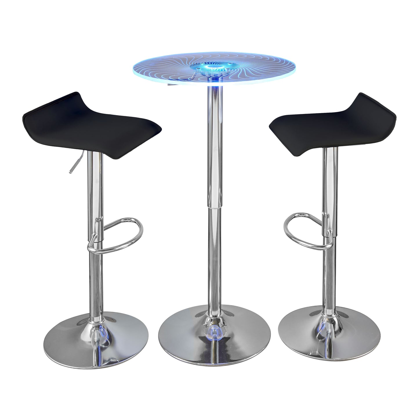 Contemporary Adjustable Bar Set in Chrome Metal, Clear Acrylic with Light Up Tabletop, and Black PVC  - 3 Piece