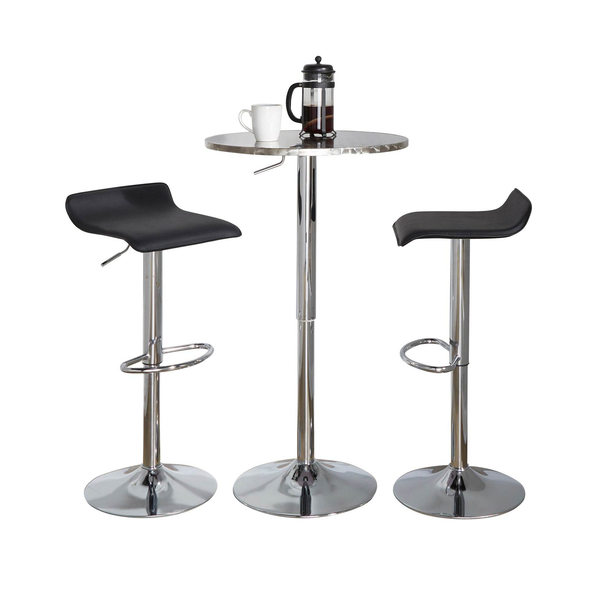 RoundContemporary Adjustable Bar Set in Silver and Chrome Metal with Black PVC and Oval Footrest  - 3 Piece