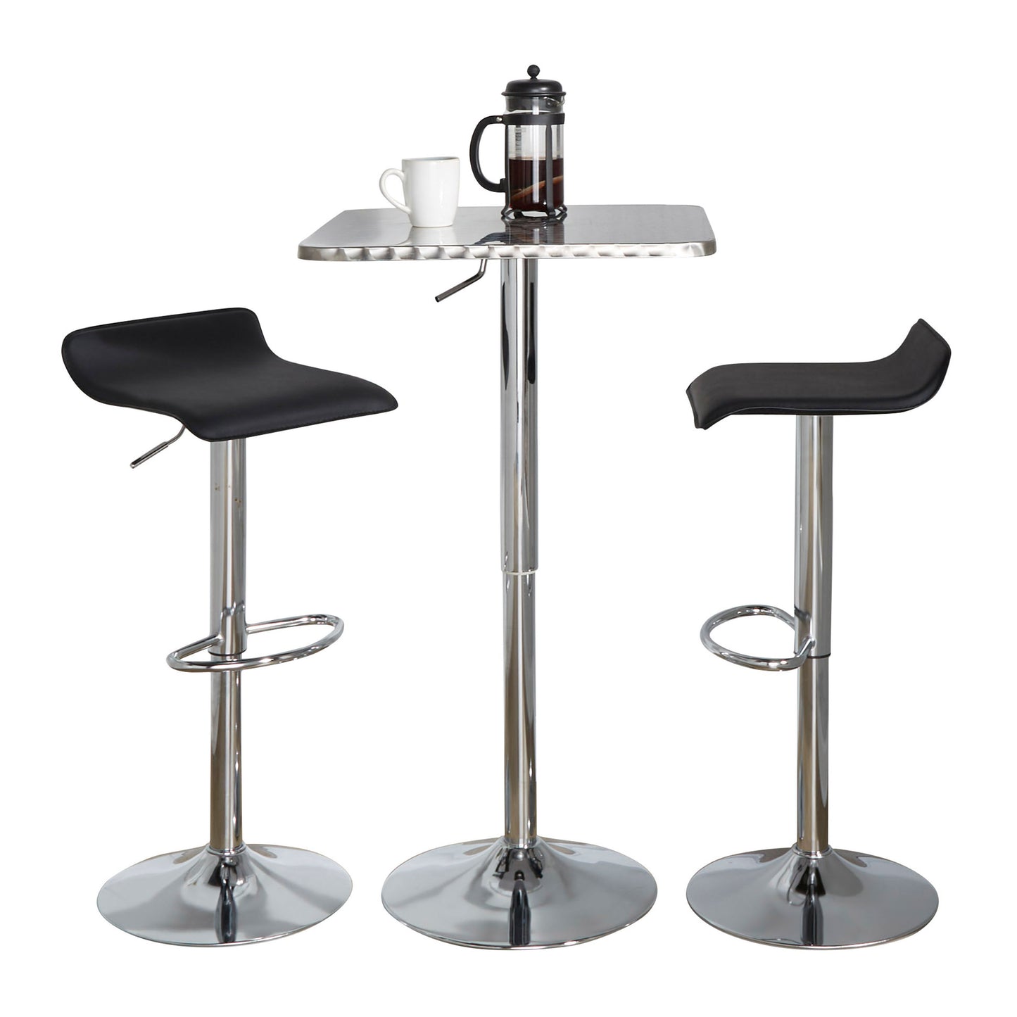 SquareContemporary Adjustable Bar Set in Silver and Chrome Metal with Black PVC and Oval Footrest  - 3 Piece