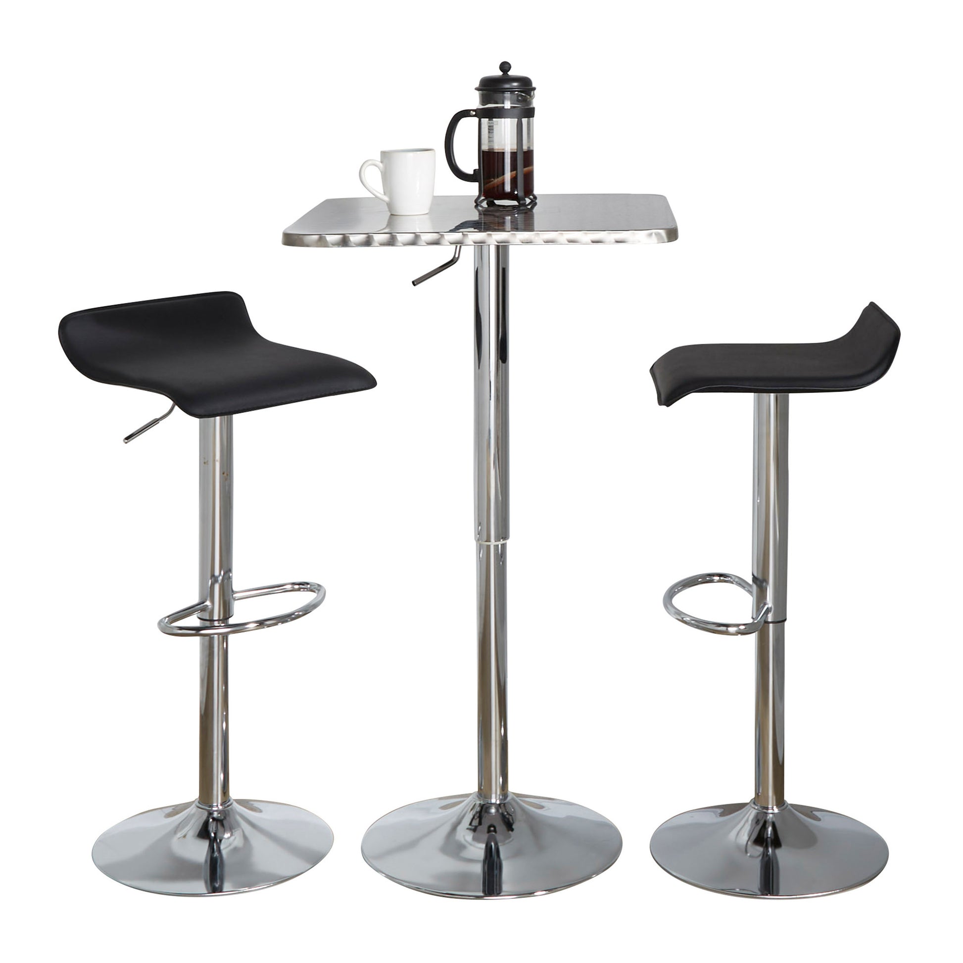 SquareContemporary Adjustable Bar Set in Silver and Chrome Metal with Black PVC and Oval Footrest  - 3 Piece