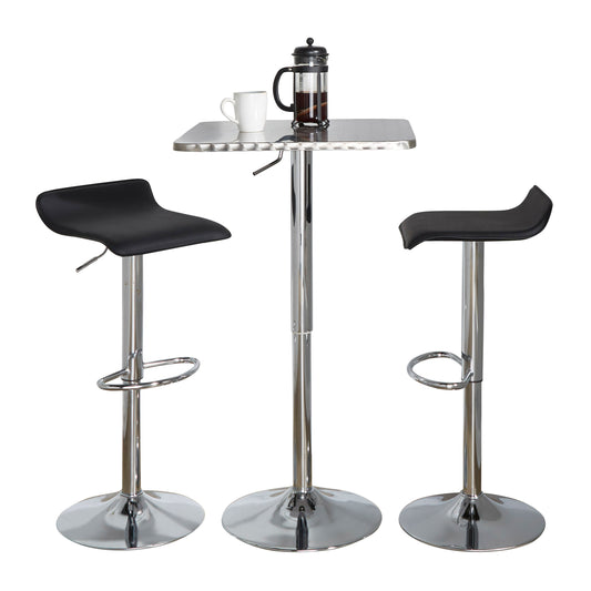 SquareContemporary Adjustable Bar Set in Silver and Chrome Metal with Black PVC and Oval Footrest  - 3 Piece