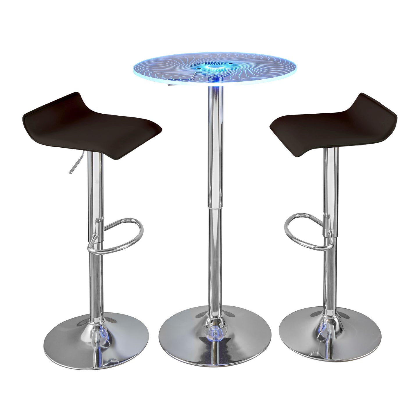 Contemporary Adjustable Bar Set in Chrome Metal, Clear Acrylic with Light Up Tabletop, and Brown PVC  - 3 Piece