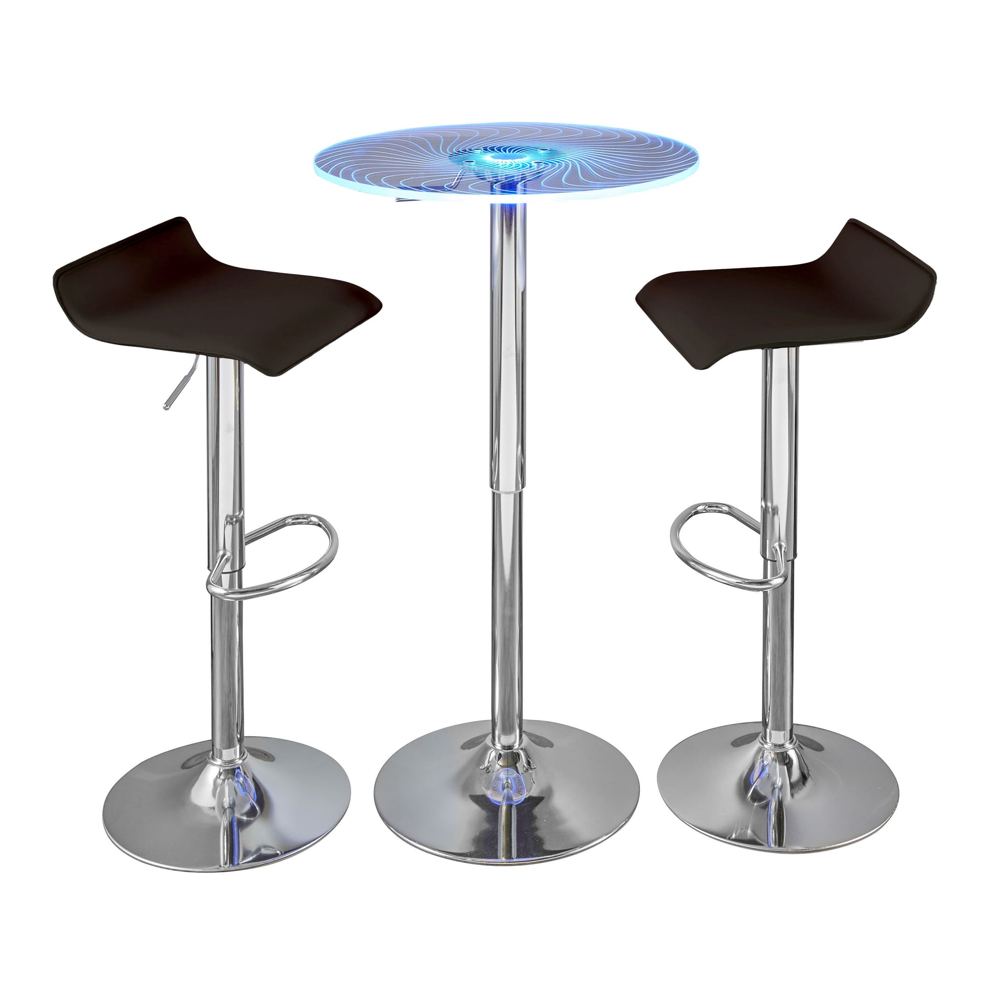 Contemporary Adjustable Bar Set in Chrome Metal, Clear Acrylic with Light Up Tabletop, and Brown PVC  - 3 Piece