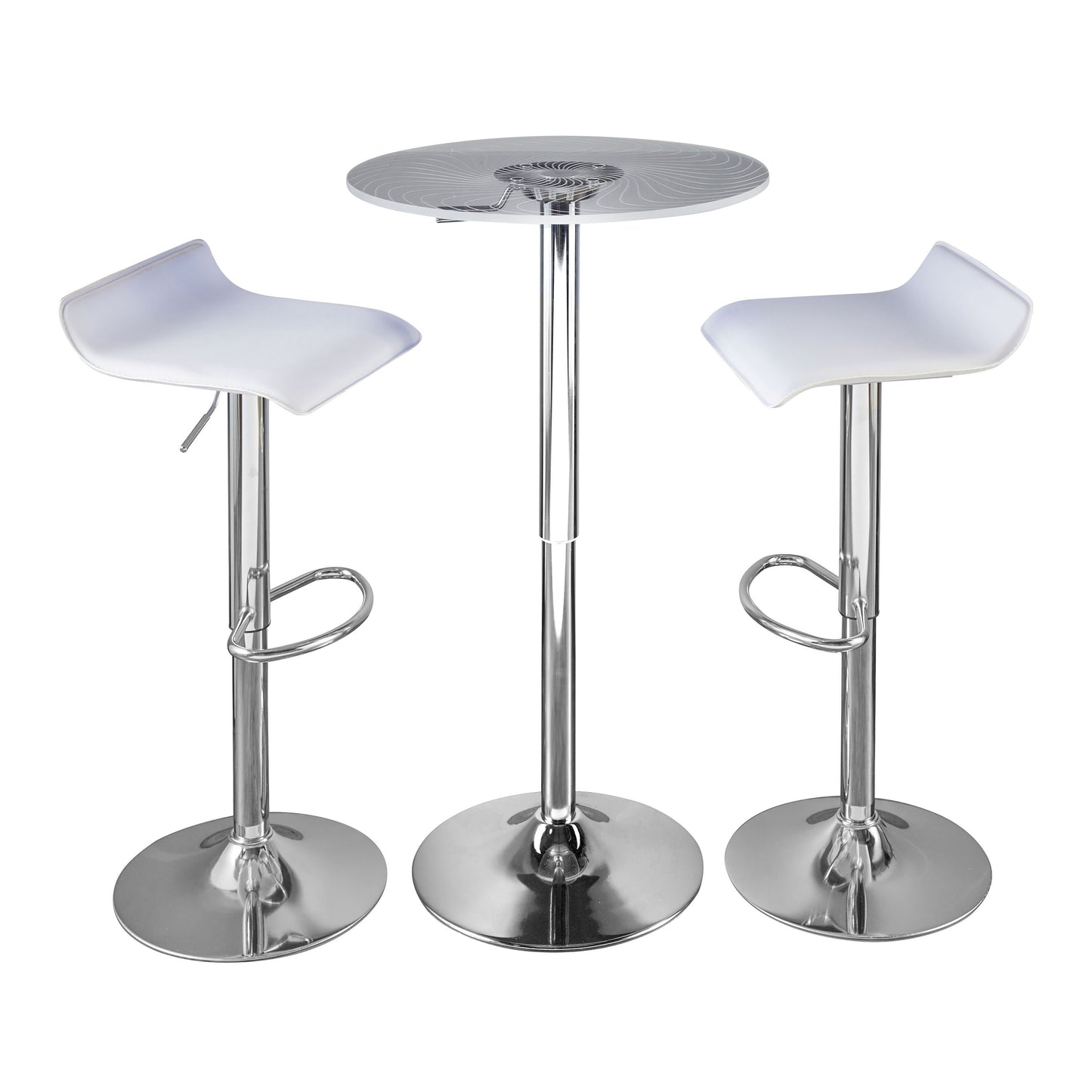 Contemporary Adjustable Bar Set in Chrome Metal, Clear Acrylic with Light Up Tabletop, and White PVC  - 3 Piece
