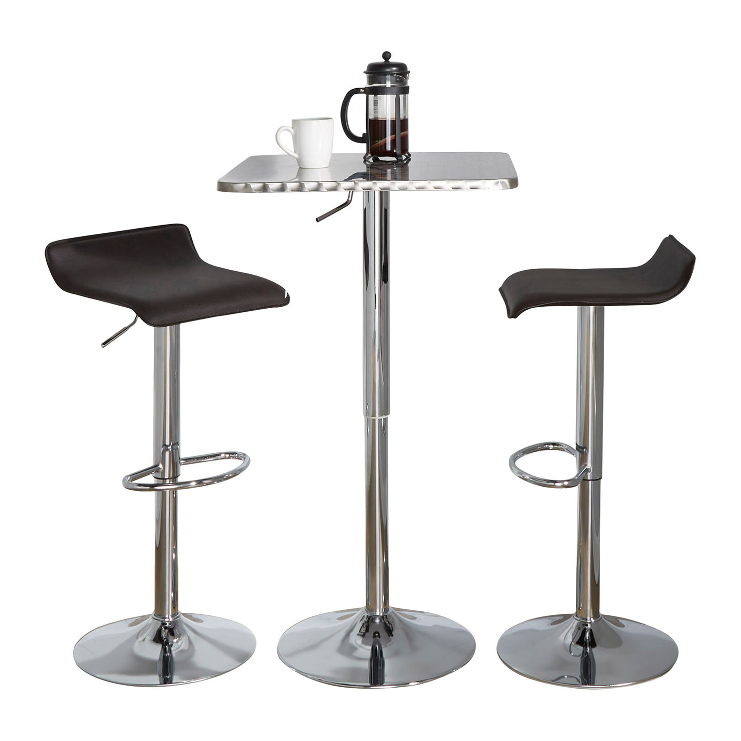 SquareContemporary Adjustable Bar Set in Silver and Chrome Metal with Brown PVC and Oval Footrest  - 3 Piece